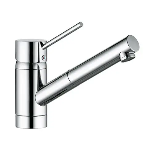 Kludi-Auslaufarmatur mit einem glänzenden, chromierten Finish und einem seitlich angebrachten Hebel zur Steuerung des Wasserflusses. Der Auslauf ist zur Herausziehfunktion ausgelegt.